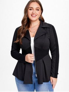 Rosegal Plus Size, Colorblock Pants, Ribbed Paneling, Plus Size Summer Outfit, Flared Sleeves Top, Plus Size Outerwear, Jacket Fashion, Collar Jacket, Fashion Materials