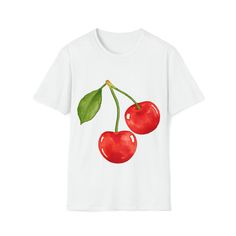 Cherry t-shirt, cherry shirt, cherries shirt, cherries t-shirt, trendy shirt, y2k shirt, christmas gift ideas, christmas gifts, trendy shirt SHIRT DETAILS: The unisex soft-style t-shirt puts a new spin on casual comfort. Made from very soft materials, this tee is 100% cotton for solid colors. Heather colors and sports grey include polyester. The shoulders have twill tape for improved durability. There are no side seams. The collar is made with ribbed knitting to prevent curling damage.  .: Made Trendy Crew Neck T-shirt With Cherry Print, Casual Cherry Summer Tops, Y2k Style Short Sleeve T-shirt With Fruit Print, Trendy Custom Print T-shirt Gift, Y2k Style Cherry Print Summer T-shirt, Y2k Style Cherry Print T-shirt For Summer, Y2k Cherry Print Summer T-shirt, Cherry Short Sleeve Tops For Summer, Trendy Cherry Summer Tops