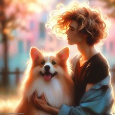 a painting of a woman holding a dog in her arms and smiling at the camera