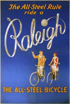 an advertisement for the all - steel bicycle race featuring two people on bicycles and one man pointing at something