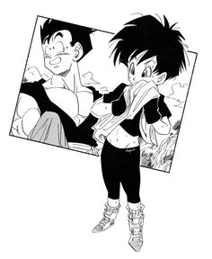 an ink drawing of two anime characters, one with black hair and the other without