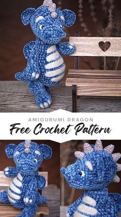 the crocheted blue dragon is sitting on a bench and has hearts in it