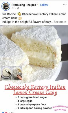 an ad for cheesecake factory italian lemon cream cake with instructions to make the cake