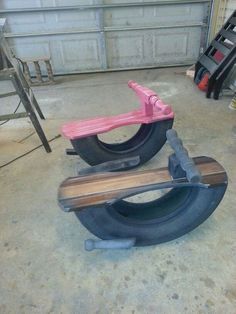 three pieces of wood sitting on top of each other in a garage