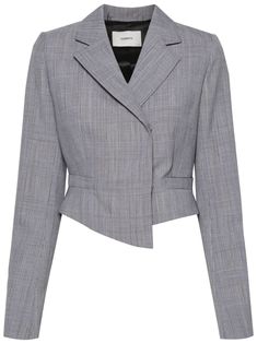 black/white virgin wool all-over check pattern notched lapels long sleeves faux pocket detail to the front cropped full lining asymmetric hem double-breasted button fastening Cropped Suit Jacket, Cropped Black Jacket, Asymmetric Jacket, Crop Blazer, Grey Plaid, Cropped Blazer, Plaid Jacket, Jacket Pattern, Black Blazers