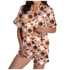 PRICES MAY VARY. Halloween Pajamas Women Material: Satin pajama set made from 95% Polyester and 5% Spandex, the incredibly soft fabric offers you a whole night of comfort and enjoyment Halloween Pajamas Features: Button up pajamas for women casual open-front pajamas with button design for easy on and off. Funny halloween printed,Halloween pumpkin,ghost,Skeleton,skull,bat pattern pjs set,The loose and comfortable design ensures the garment doesn't burden your body, making it ideal for lounging at Halloween Pajamas Women, Halloween Pjs, Cotton Pajama Set Women, Button Up Pajamas, Satin Pjs, Ghost Skeleton, Pjs Set, Pajama Bottoms Womens, Satin Pajama Set