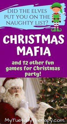 a christmas party flyer with santa claus and other games for children to play on the table