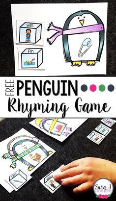 the penguin rhyming game is shown with hands on it and two pieces of paper