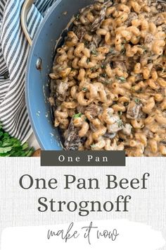 one pan beef stroganooffi with mushrooms and parsley in a blue skillet