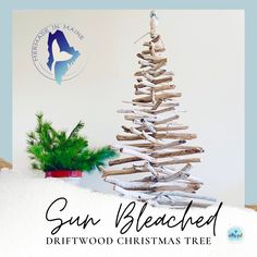 a christmas tree made out of driftwood is shown in front of a white wall