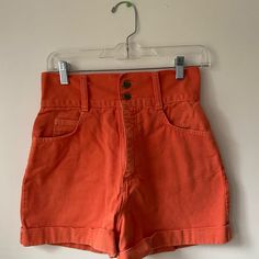 Vintage Carpenter High-Waisted Shorts By Pasta Size 5- Would Fit A 26-28” Waist Never Worn High-waist Retro Bottoms For Summer, Summer High Waist Retro Bottoms, Retro High Waist Solid Bottoms, Retro High Rise Pants For Summer, Orange Bottoms With Pockets Short Length, Orange Bottoms With Pockets, Short Length, Orange Short Bottoms With Pockets, Summer High-waisted Shorts With Belt Loops, Retro High Waist Bottoms With Built-in Shorts