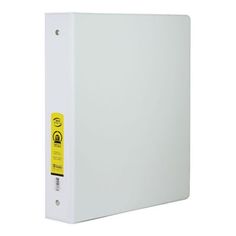 a white binder with yellow labels on the front and back of it, against a white background