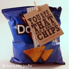 there is a bag of chips with a sign on it