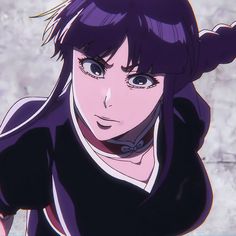 an anime character with purple hair and blue eyes looks at the camera while wearing a black shirt