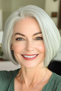 Rounded Side-Parted Bob Hairstyle on a smiling woman in her 50s with short gray hair. Gray Haircut, Gray Hairstyles For Women, Gray Bob, Grey Bob Hairstyles, Chin Length Cuts, Gray Hairstyles, Grey Hair Over 50, Chic Bob, Trendy Bob Hairstyles