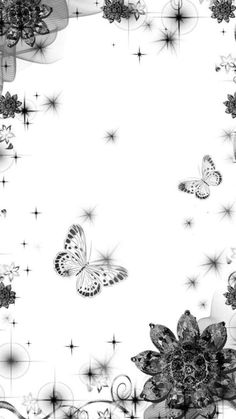 an artistic black and white photo with butterflies flying over the flowers in the center, surrounded by stars