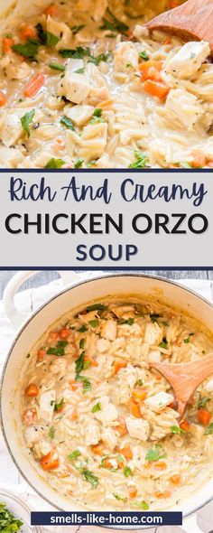 chicken orzo soup in a white bowl with a wooden spoon on the side and text overlay that reads rich and creamy chicken orzo soup