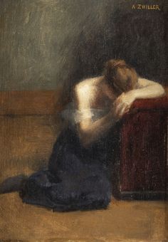 a painting of a person sitting on the ground with their head down and arms crossed