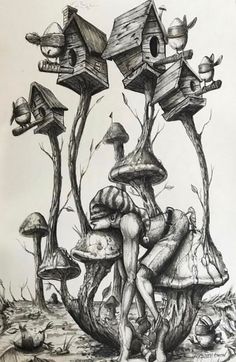 a pencil drawing of mushrooms with houses on them