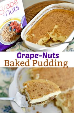 a close up of a cake in a pan on a table with a spoon and a box of grape nuts