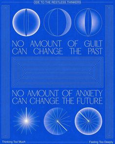 a blue poster with an image of different circles and the words, no amount of guilt can change the past