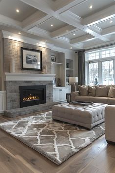 a living room with couches and a fireplace in the center, surrounded by windows