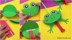 two paper frog puppets on yellow and pink background with red sticks sticking out of it's mouth