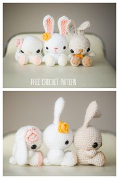 three crocheted stuffed animals sitting next to each other