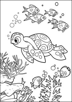 an underwater scene with fish and turtle