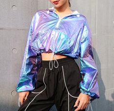 Only $19.99 || Hologram Metallic Zip Hoodie Crop Top Hoodie Crop Top, Diy Vetement, Crop Top Hoodie, Tony Moly, Crop Top Outfits, Sporty Outfits