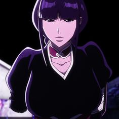 an anime character with purple hair and black clothes