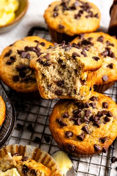 chocolate chip muffins cooling on a wire rack