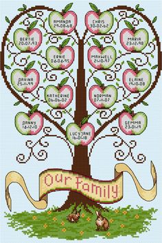 a cross stitch pattern with an apple tree in the shape of a heart and words on it