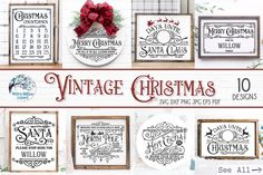 vintage christmas cross stitch patterns on display in front of a white wall with red ribbon