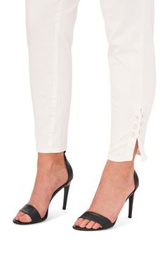 Pearly beads accentuate the ankle slits of these slightly cropped straight-leg jeans. 27 1/2" inseam Cotton/polyester/viscose/spandex Machine wash, line dry Imported Pearl Jeans, Straight Leg Ankle Jeans, Comfy Flats, Jeans With Heels, Ultra White, Hem Jeans, Embellished Top, Skirt Belt, Plus Size Jeans