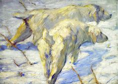 a painting of a polar bear walking in the snow