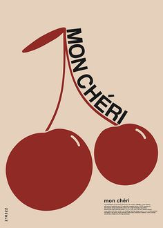 a poster with two cherries and the word mon cher written on it's side