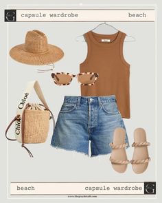 denim shorts beach outfit Caribbean Island Outfits, Denim Shorts Beach Outfit, Shorts Beach Outfit, Bathing Suit Outfits, Minimalist Packing, White Dress Outfit, Europe Outfits