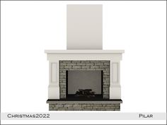 a white fireplace with a brick mantle and chimney on the top, against a white background