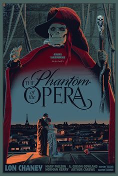 the phantom of the opera poster with an image of a man in a red cape