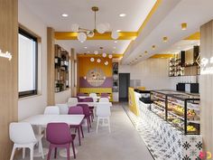 the interior of a restaurant with white tables and purple chairs