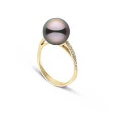 The gracefully curved solid gold and diamond band elegantly supports the lustrous 10.0-11.0 mm Tahitian pearl. For decades our buying team has been making regular trips to French Polynesia to source these incredibly colorful pearls. Because we personally import every Tahitian pearl we offer, we can guarantee they are 100% natural color and have never been treated in any way. Luxury Yellow Gold Tahitian Pearl Ring, Luxury Tahitian Pearl Ring In Yellow Gold, Elegant Yellow Gold Tahitian Pearl Rings, Formal Yellow Gold Tahitian Pearl Ring, Elegant Tahitian Pearl Ring With Diamond Accents, Colorful Pearls, Pearl Wedding Ring, Pearl And Diamond Ring, French Polynesia