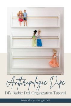 Barbie Doll Wall Storage, Barbie Wall Storage Ideas, Playroom Organization Dolls, Barbie Shelf Storage, Barbie And Doll Storage Ideas, Batbie Storage, Playroom Ideas With Barbie House, Diy Doll Storage Ideas, Playroom Barbie Organization