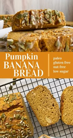 pumpkin banana bread on a cooling rack with two slices cut out