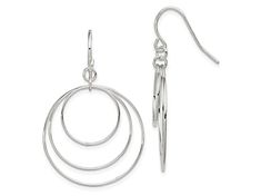 Sterling silver fancy triple circle dangle earrings with polished finish and french wire closures. Measures approximately 1 11/16"L x 1 1/8"W. Silver Jewelry With French Hook And Round Shape, Silver Round Jewelry With French Hook, Silver Round Chandelier Earrings, Silver Adjustable Chandelier Earrings, Adjustable Silver Chandelier Earrings, French Wire, Dangle Earrings, Sterling Silver, Silver