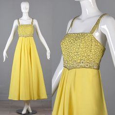 Vintage 70s Bright Yellow Beaded Maxi Dress by StyleandSalvage Yellow Embellished Sleeveless Dress, Embellished Sleeveless Yellow Dress, Sleeveless Yellow Embellished Dress, Yellow Retro Evening Dress, 70s Formal Dress, Retro Dress 70s, Lake Junaluska, Sleeveless Prom Dress, Yellow Evening Dresses