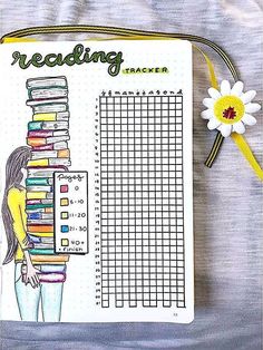 a drawing of a girl holding a stack of books with the words reading tracker on it