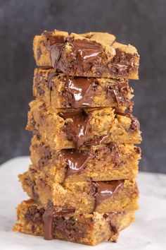 chocolate chip cookie bars stacked on top of each other