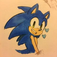 a drawing of sonic the hedgehog with hearts in his hand and eyes closed,