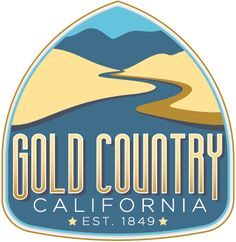 the gold country california logo is shown in blue and yellow, with mountains behind it